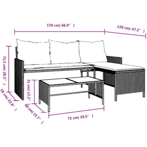 Garden Sofa with Table and Cushions L-Shaped Black Poly Rattan vidaXL