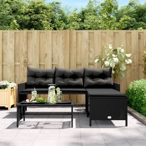 Garden Sofa with Table and Cushions L-Shaped Black Poly Rattan vidaXL