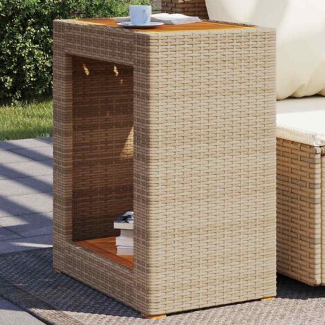 Garden Side Table with Wooden Top Beige 60x40x75 cm Poly Rattan vidaXL
