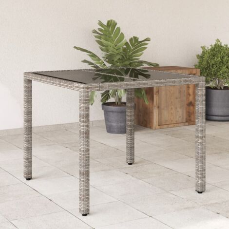 Garden Table with Glass Top Grey 90x90x75 cm Poly Rattan vidaXL