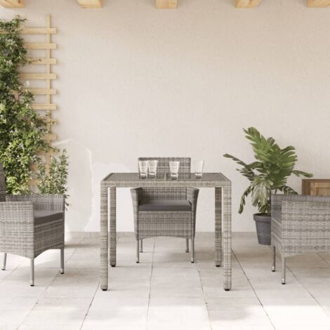 Garden Table with Glass Top Grey 90x90x75 cm Poly Rattan vidaXL