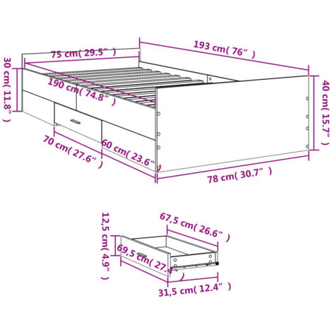 Bed Frame with Drawers without Mattress Smoked Oak 75x190 cm Small Single vidaXL