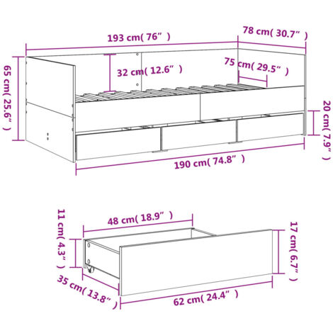 Daybed with Drawers without Mattress Sonoma Oak 75x190 cm Small Single vidaXL