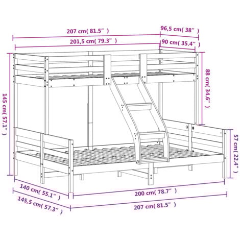 Bunk Bed without Mattress 90x200/140x200 cm Wax Brown Solid Wood vidaXL
