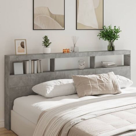 Headboard Cabinet with LED Concrete Grey 220x17x102 cm vidaXL