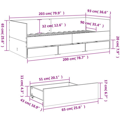Daybed with Drawers without Mattress Concrete Grey 90x200 cm vidaXL