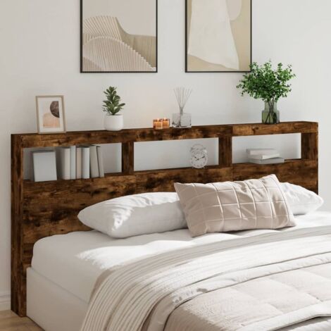 Headboard Cabinet with LED Smoked Oak 220x17x102 cm vidaXL