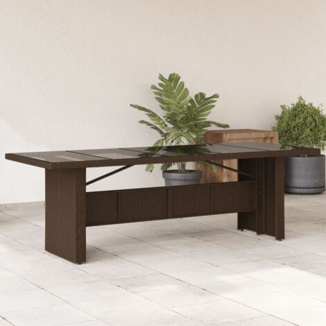 Garden Table with Glass Top Brown 240x90x75 cm Poly Rattan vidaXL