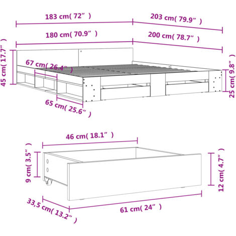 Bed Frame with Drawers without Mattress Grey Sonoma 180x200 cm Super King vidaXL