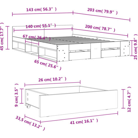 Bed Frame with Drawers without Mattress Black 140x200 cm vidaXL