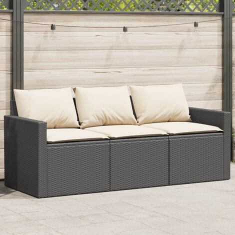 Garden Sofa with Cushions 3-Seater Black Poly Rattan vidaXL