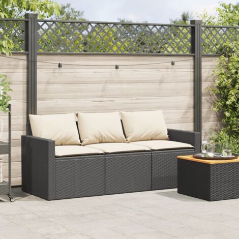 Garden Sofa with Cushions 3-Seater Black Poly Rattan vidaXL
