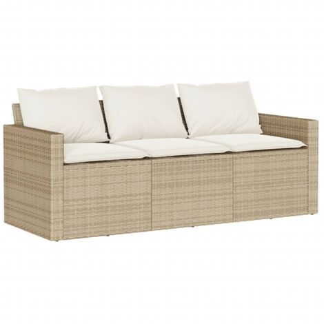 Garden Sofa with Cushions 3-Seater Beige Poly Rattan vidaXL