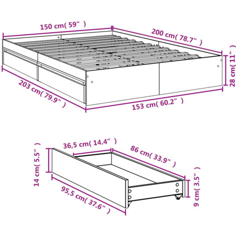 Bed Frame with Drawers without Mattress Black 150x200 cm King Size vidaXL