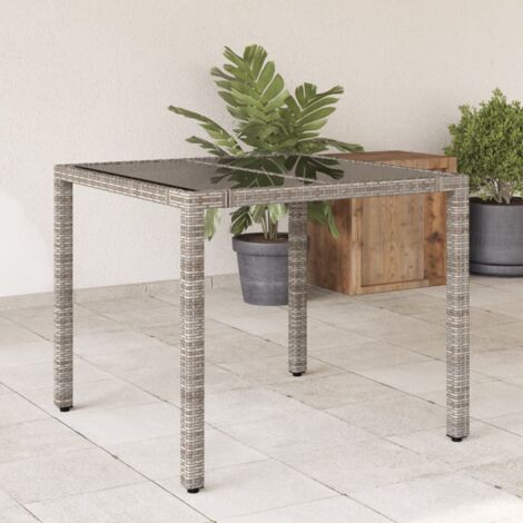 Garden Table with Glass Top Grey 90x90x75 cm Poly Rattan vidaXL