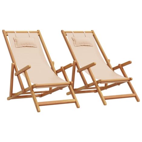 Folding Beach Chairs 2 pcs Beige Fabric and Solid Wood vidaXL