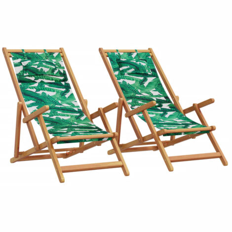 Folding Beach Chairs 2 pcs Leaf Pattern Fabric and Solid Wood vidaXL