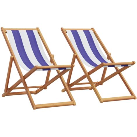 Folding Beach Chairs 2 pcs Blue and White Fabric and Solid Wood vidaXL