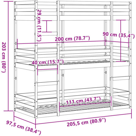 Triple Bunk Bed without Mattress 90x200 cm Solid Wood Pine vidaXL