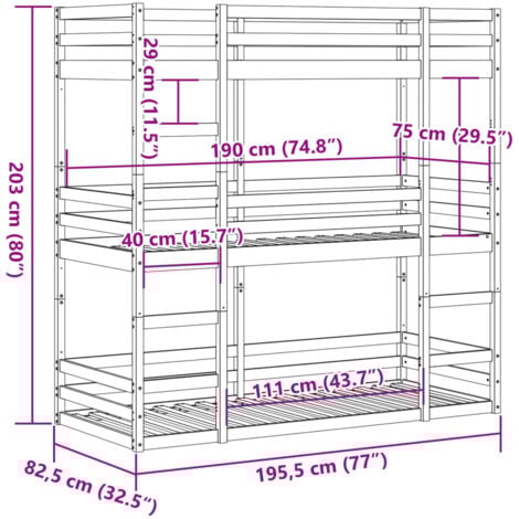 Triple Bunk Bed without Mattress 75x190 cm Small Single Solid Wood Pine vidaXL