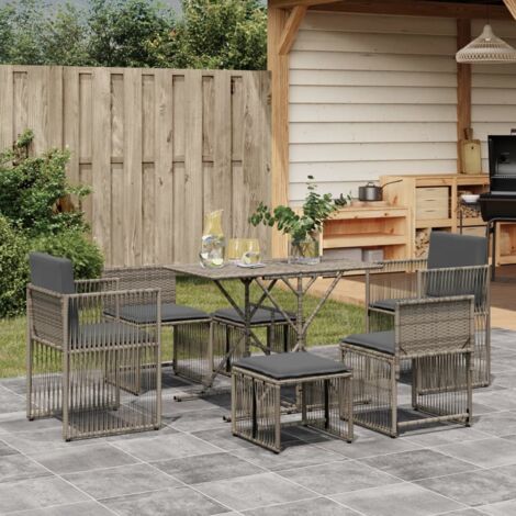 7 Piece Garden Dining Set with Cushions Grey Poly Rattan vidaXL
