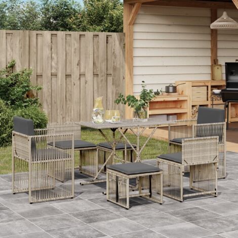 7 Piece Garden Dining Set with Cushions Light Grey Poly Rattan vidaXL