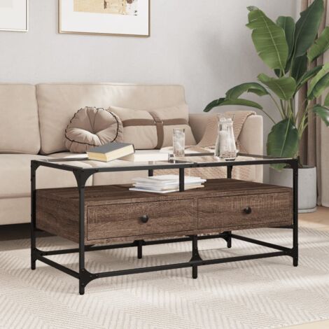 Coffee Table with Glass Top Brown Oak 98.5x50x45 cm Steel vidaXL
