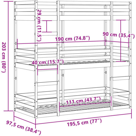 Triple Bunk Bed without Mattress Wax Brown 90x190 cm Single Solid Wood Pine vidaXL