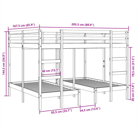 Triple Bunk Bed Frame White 160x200/80x160 cm Solid Wood Pine vidaXL