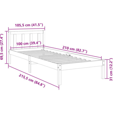 Extra Long Bed Frame without Mattress White 100x210 cm Solid Wood Pine vidaXL
