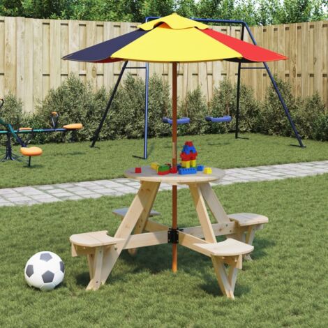 Picnic Table for 4 Kids with Umbrella Round Solid Wood Fir vidaXL