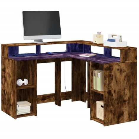 Desk with LED Lights Smoked Oak 130x130x91 cm Engineered Wood vidaXL