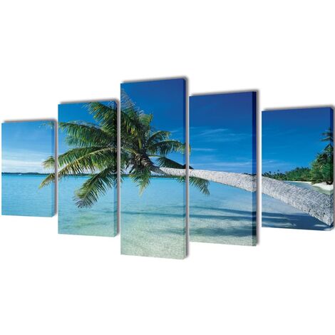 Canvas Wall Print Set Sand Beach with Palm Tree 200 x 100 cm vidaXL