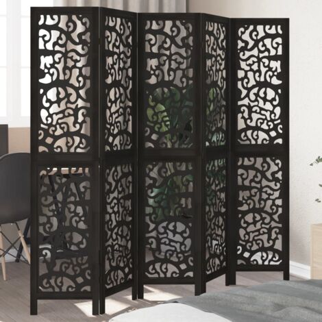 Room Divider 5 Panels Black Solid Wood Paulownia vidaXL