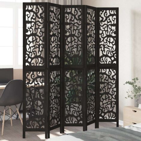 Room Divider 5 Panels Black Solid Wood Paulownia vidaXL
