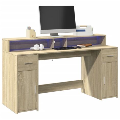 Desk with LED Lights Sonoma Oak 160x55x91 cm Engineered Wood vidaXL