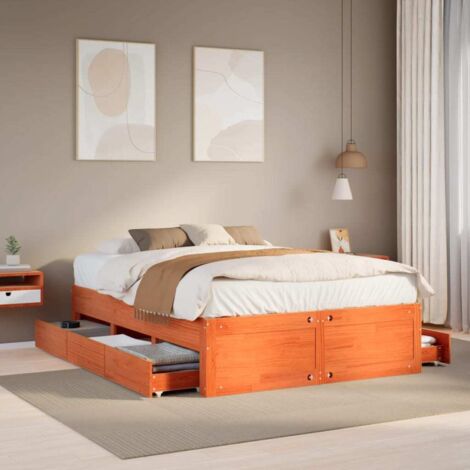Bed Frame without Mattress with Drawers Wax Brown 150x200 cm King Size Solid Wood Pine vidaXL