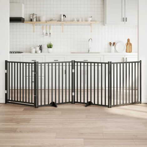 Dog Gate with Door Foldable 4 Panels Black 320 cm Solid Wood Fir vidaXL