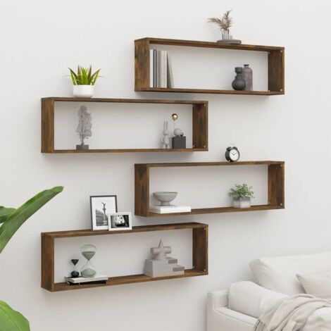 Wall Cube Shelves 4 pcs Smoked Oak 100x15x30 cm Engineered Wood vidaXL