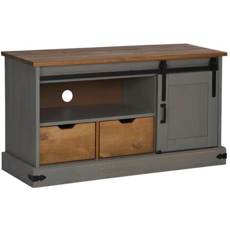 TV Cabinet HALDEN with Sliding Door Grey 110x40x60 cm Solid Wood vidaXL (1/5)