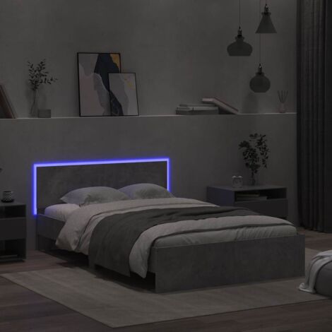 Bed Frame with Headboard and LED Concrete Grey 135x190 cm Double vidaXL