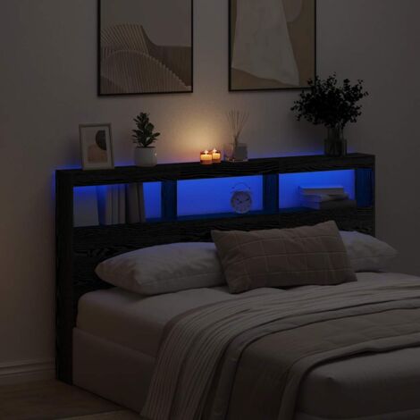 Headboard Cabinet with LED Black Oak 180x17x102 cm vidaXL