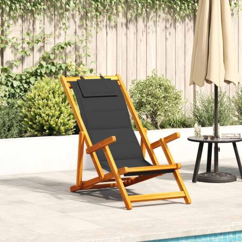 Folding Beach Chair with Armrests Black Acacia Wood & Textilene vidaXL (1/5)
