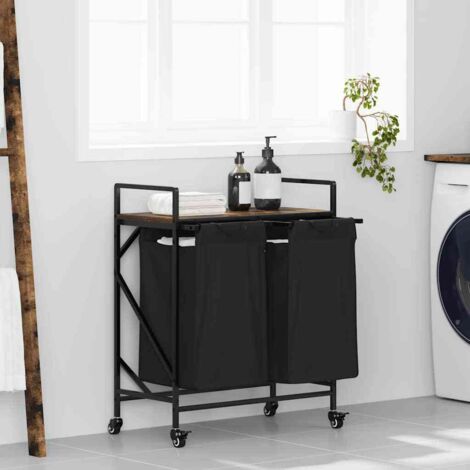 Laundry Basket 2 Compartments with Wheels Smoked Oak vidaXL