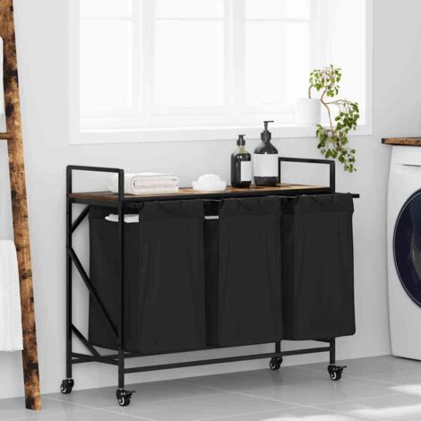 Laundry Basket 3 Compartments with Wheels Smoked Oak vidaXL