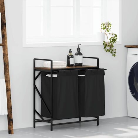 Laundry Basket 2 Compartments with Shelf Smoked Oak vidaXL