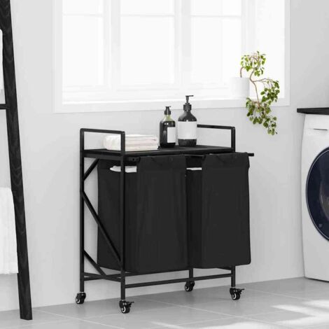 Laundry Basket 2 Compartments with Wheels Black Oak vidaXL (1/5)