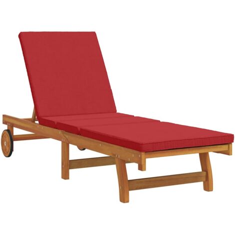 Sun Lounger with Wheels and Cushion - Red Solid Wood vidaXL