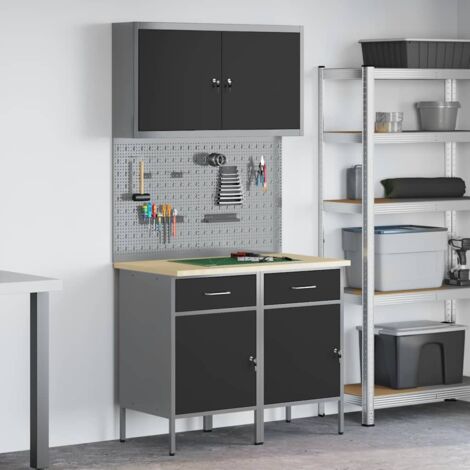 5 Piece Work Cabinet and Pegboard Set Black MDF and Metal vidaXL