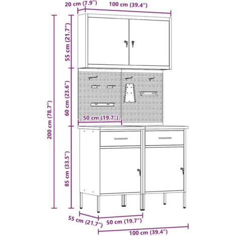 5 Piece Work Cabinet and Pegboard Set Black MDF and Metal vidaXL